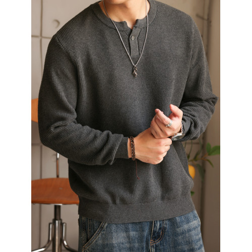 BGYO鹿起 美式新貴亨利領長袖針織衫男細針花紗復古休閒內搭T恤秋