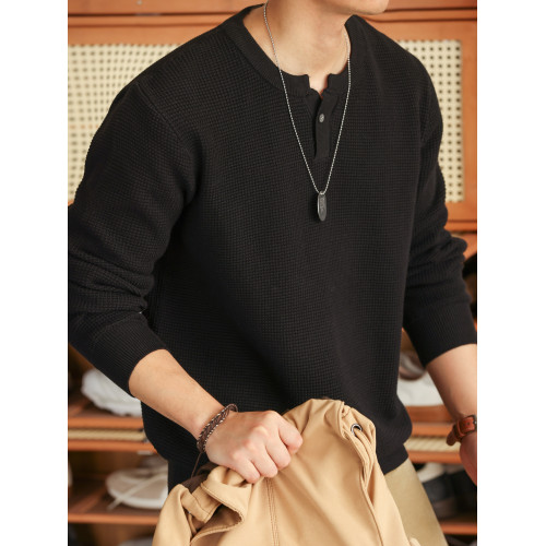 BGYO鹿起 美式新貴亨利領長袖針織衫男細針花紗復古休閒內搭T恤秋