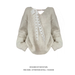 大碼胖MM溫柔風蕾絲拼接針織毛衣女秋冬季寬鬆慵嬾風甜美百搭上衣