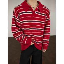 復古老錢風條紋撞色polo領毛衣男女秋冬慵懶感休閒寬松情侶針織衫