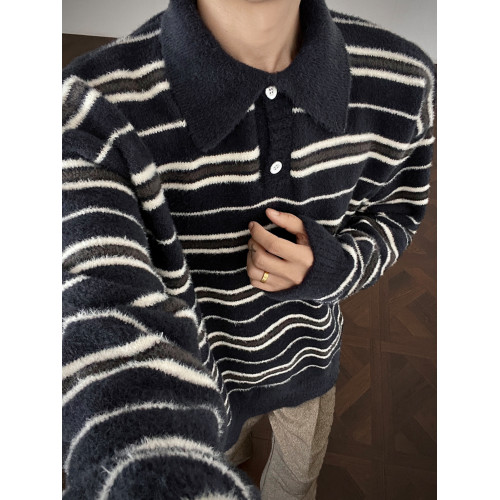 復古老錢風條紋撞色polo領毛衣男女秋冬慵懶感休閒寬松情侶針織衫