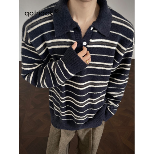 復古老錢風條紋撞色polo領毛衣男女秋冬慵懶感休閒寬松情侶針織衫