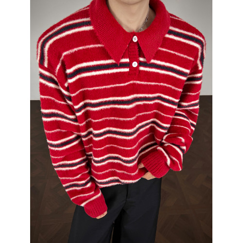 復古老錢風條紋撞色polo領毛衣男女秋冬慵懶感休閒寬松情侶針織衫