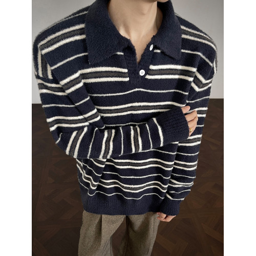 復古老錢風條紋撞色polo領毛衣男女秋冬慵懶感休閒寬松情侶針織衫