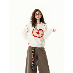 問了又問美式復古蘋果提花圓領毛衣女秋季寬松慵懶百搭套頭針織衫