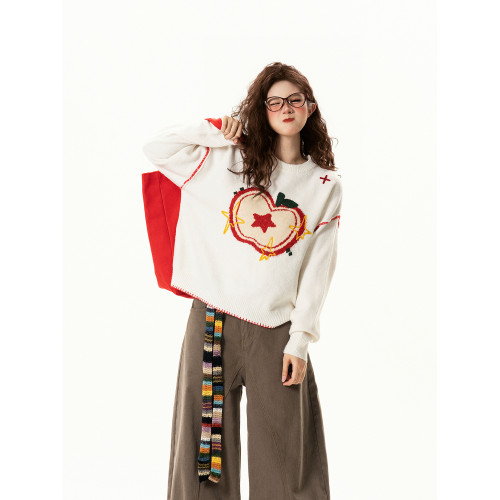 問了又問美式復古蘋果提花圓領毛衣女秋季寬松慵懶百搭套頭針織衫 問了又問美式復古蘋果提花圓領毛衣女秋季寬松慵懶百搭套頭針織衫