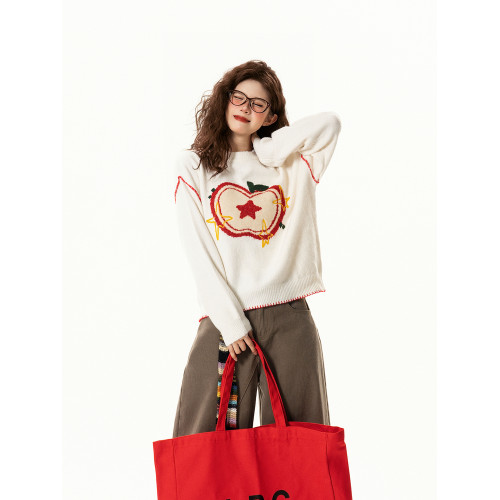 問了又問美式復古蘋果提花圓領毛衣女秋季寬松慵懶百搭套頭針織衫 問了又問美式復古蘋果提花圓領毛衣女秋季寬松慵懶百搭套頭針織衫