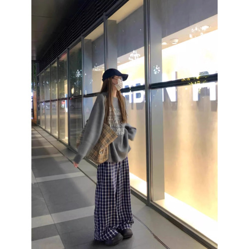 韓系慵嬾灰色毛衣女秋冬加厚字母提花圓領針織衫寬鬆套頭長袖上衣