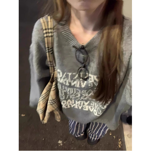 韓系慵嬾灰色毛衣女秋冬加厚字母提花圓領針織衫寬鬆套頭長袖上衣