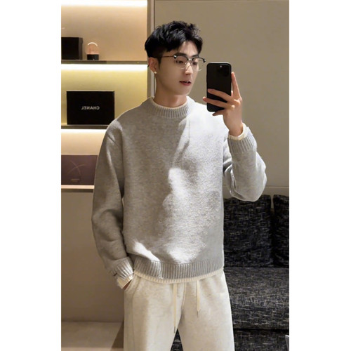 假兩件灰色毛衣男款冬季高級感韓系內搭針織衫cleanfit保暖外套