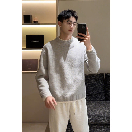 假兩件灰色毛衣男款冬季高級感韓系內搭針織衫cleanfit保暖外套