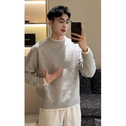 假兩件灰色毛衣男款冬季高級感韓系內搭針織衫cleanfit保暖外套