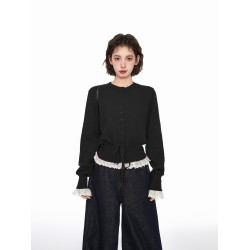 黑色假兩件蕾絲針織毛衣女秋冬季內搭收腰小個子短款開衫外套上衣