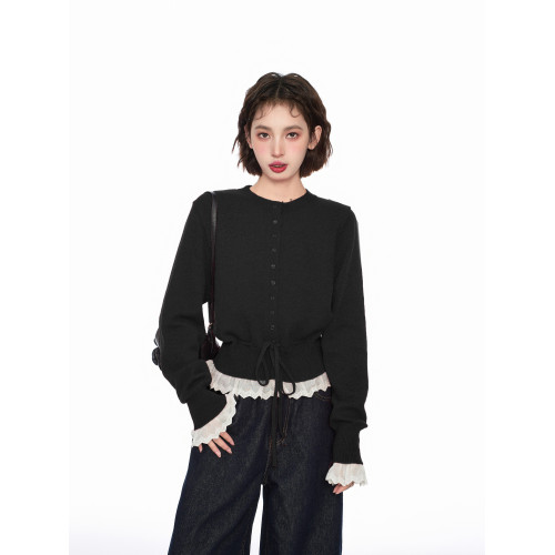 黑色假兩件蕾絲針織毛衣女秋冬季內搭收腰小個子短款開衫外套上衣 黑色假兩件蕾絲針織毛衣女秋冬季內搭收腰小個子短款開衫外套上衣