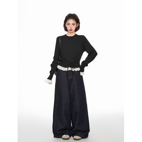 黑色假兩件蕾絲針織毛衣女秋冬季內搭收腰小個子短款開衫外套上衣 黑色假兩件蕾絲針織毛衣女秋冬季內搭收腰小個子短款開衫外套上衣