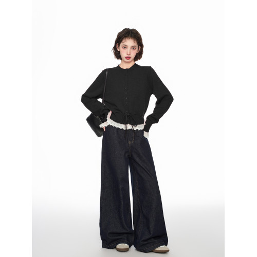 黑色假兩件蕾絲針織毛衣女秋冬季內搭收腰小個子短款開衫外套上衣 黑色假兩件蕾絲針織毛衣女秋冬季內搭收腰小個子短款開衫外套上衣