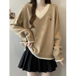卡其色V領正肩小熊毛衣女2025秋裝新款大碼胖mm打底衫假兩件上衣