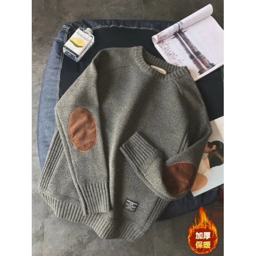 楹煦 補丁貼布毛衣男秋冬季厚款保暖大碼針織衫日系毛線衣外套潮