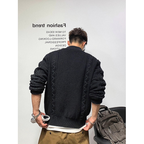 復古麻花針織開衫男士秋冬潮流小衆高級感懷舊棒球領毛衣拉鍊外套