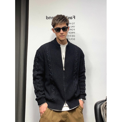 復古麻花針織開衫男士秋冬潮流小衆高級感懷舊棒球領毛衣拉鍊外套