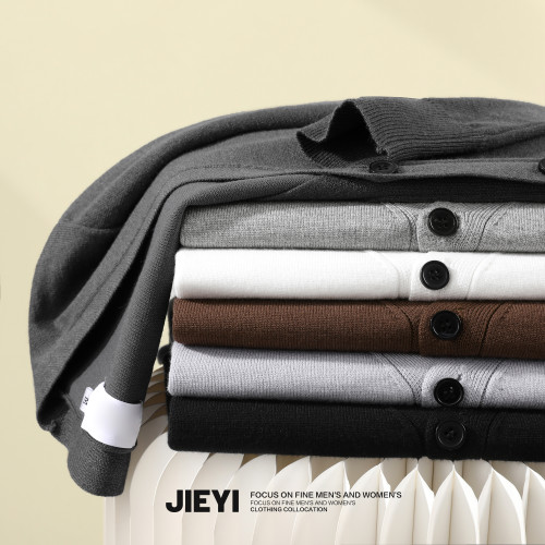 JIEYI 純色V領韓系復古針織開衫男士曡穿百搭淨版秋冬毛衣外套潮