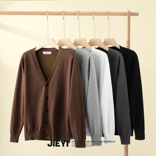 JIEYI 純色V領韓系復古針織開衫男士曡穿百搭淨版秋冬毛衣外套潮
