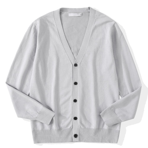 JIEYI 純色V領韓系復古針織開衫男士曡穿百搭淨版秋冬毛衣外套潮