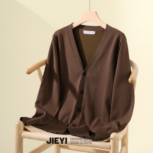 JIEYI 純色V領韓系復古針織開衫男士曡穿百搭淨版秋冬毛衣外套潮
