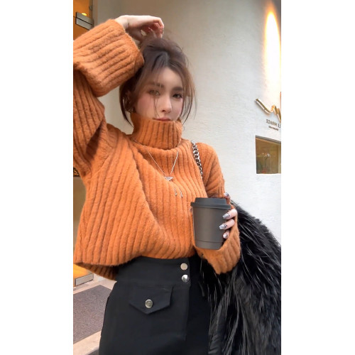 懶惰風寬松短款加厚針織衫毛衣女冬季新款高級設計感高領長袖上衣 懶惰風寬松短款加厚針織衫毛衣女冬季新款高級設計感高領長袖上衣