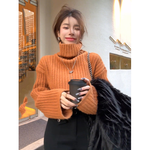 懶惰風寬松短款加厚針織衫毛衣女冬季新款高級設計感高領長袖上衣 懶惰風寬松短款加厚針織衫毛衣女冬季新款高級設計感高領長袖上衣