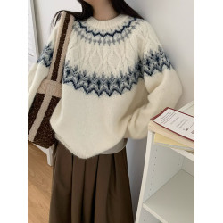 北歐風費爾島提花藍色毛衣套頭女寬松秋冬加厚慵懶內搭針織衫上衣