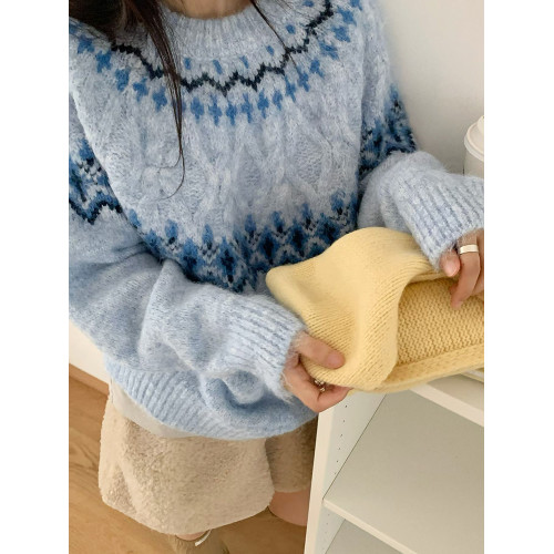 北歐風費爾島提花藍色毛衣套頭女寬松秋冬加厚慵懶內搭針織衫上衣 北歐風費爾島提花藍色毛衣套頭女寬松秋冬加厚慵懶內搭針織衫上衣