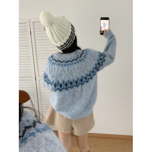 北歐風費爾島提花藍色毛衣套頭女寬松秋冬加厚慵懶內搭針織衫上衣 北歐風費爾島提花藍色毛衣套頭女寬松秋冬加厚慵懶內搭針織衫上衣
