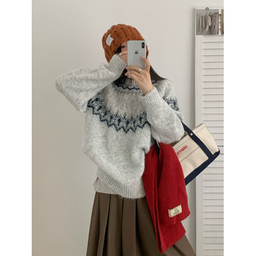 北歐風費爾島提花藍色毛衣套頭女寬松秋冬加厚慵懶內搭針織衫上衣 北歐風費爾島提花藍色毛衣套頭女寬松秋冬加厚慵懶內搭針織衫上衣