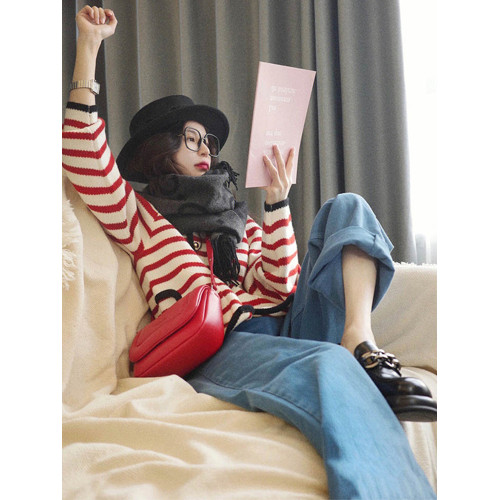 撞色條紋法式洋氣設計感小衆針織毛衣外搭開衫秋冬女外套上衣寬松