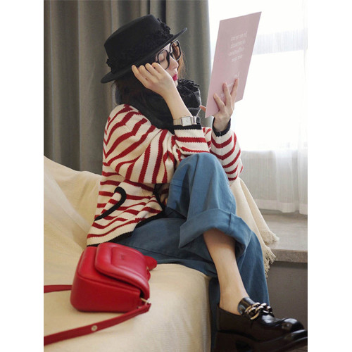 撞色條紋法式洋氣設計感小衆針織毛衣外搭開衫秋冬女外套上衣寬松