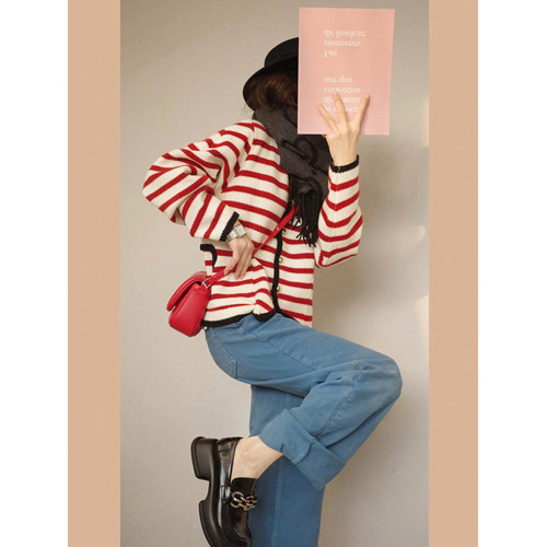 撞色條紋法式洋氣設計感小衆針織毛衣外搭開衫秋冬女外套上衣寬松