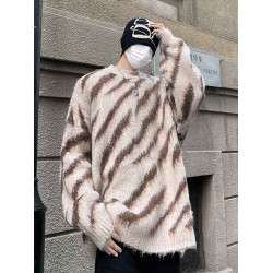 秋冬水貂絨條紋毛衣男圓領套頭休閒潮牌日系復古痞帥青少年針織衫