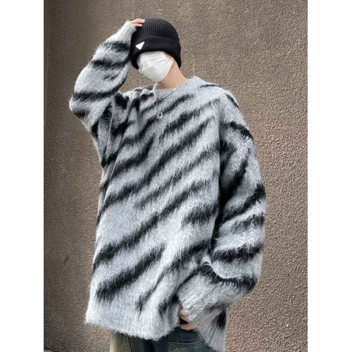 秋冬水貂絨條紋毛衣男圓領套頭休閒潮牌日系復古痞帥青少年針織衫