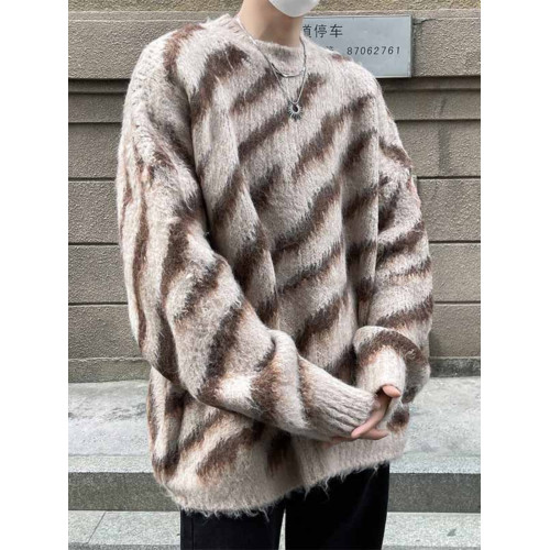 秋冬水貂絨條紋毛衣男圓領套頭休閒潮牌日系復古痞帥青少年針織衫