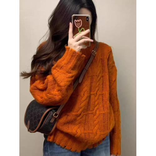法式復古南瓜橘麻花毛衣女秋季外穿休閒軟糯溫柔風慵懶針織上衣冬 法式復古南瓜橘麻花毛衣女秋季外穿休閒軟糯溫柔風慵懶針織上衣冬