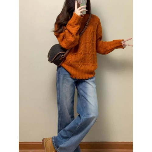 法式復古南瓜橘麻花毛衣女秋季外穿休閒軟糯溫柔風慵懶針織上衣冬 法式復古南瓜橘麻花毛衣女秋季外穿休閒軟糯溫柔風慵懶針織上衣冬