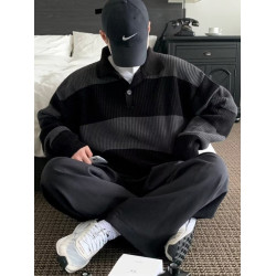 毛衣男潮牌寬松慵懶復古港風套頭條紋polo針織衫潮流休閒百搭外套