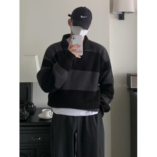 毛衣男潮牌寬松慵懶復古港風套頭條紋polo針織衫潮流休閒百搭外套