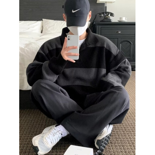 毛衣男潮牌寬松慵懶復古港風套頭條紋polo針織衫潮流休閒百搭外套