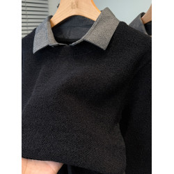 雪尼爾假兩件襯衫領毛衣男款加絨加厚冬季青年純色針織衫男裝內搭