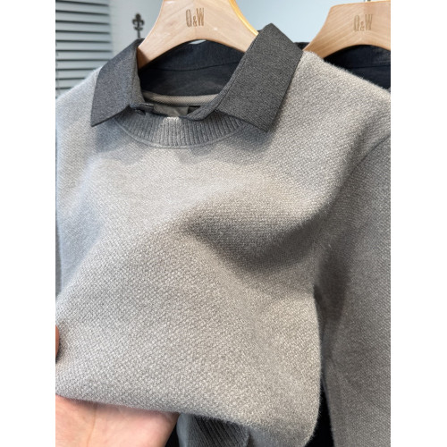 雪尼爾假兩件襯衫領毛衣男款加絨加厚冬季青年純色針織衫男裝內搭