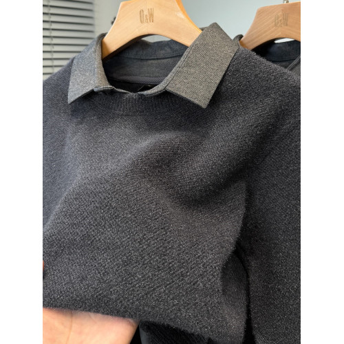 雪尼爾假兩件襯衫領毛衣男款加絨加厚冬季青年純色針織衫男裝內搭