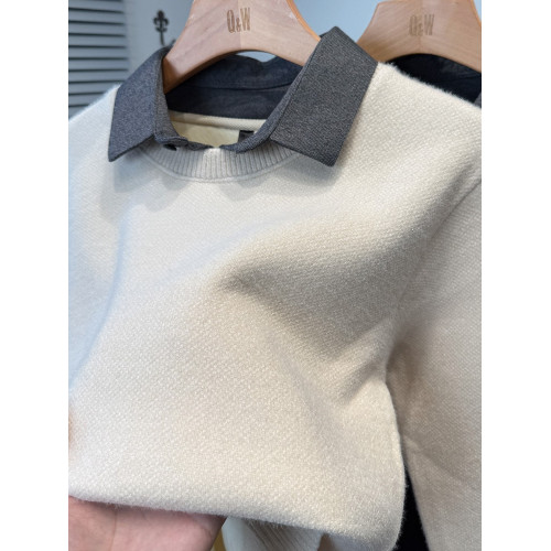 雪尼爾假兩件襯衫領毛衣男款加絨加厚冬季青年純色針織衫男裝內搭