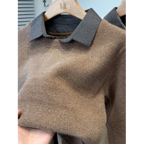 雪尼爾假兩件襯衫領毛衣男款加絨加厚冬季青年純色針織衫男裝內搭